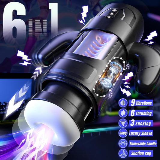 Cafatop Male Masturbator Sex Toys- Electric Men Sex Toys with 6 Thrusting & 3 Suction, Automatic Sucking Male Masturbation Cup with Handle, Penis Pump Pocket Pussy Stroker Vibrator for Adult Men