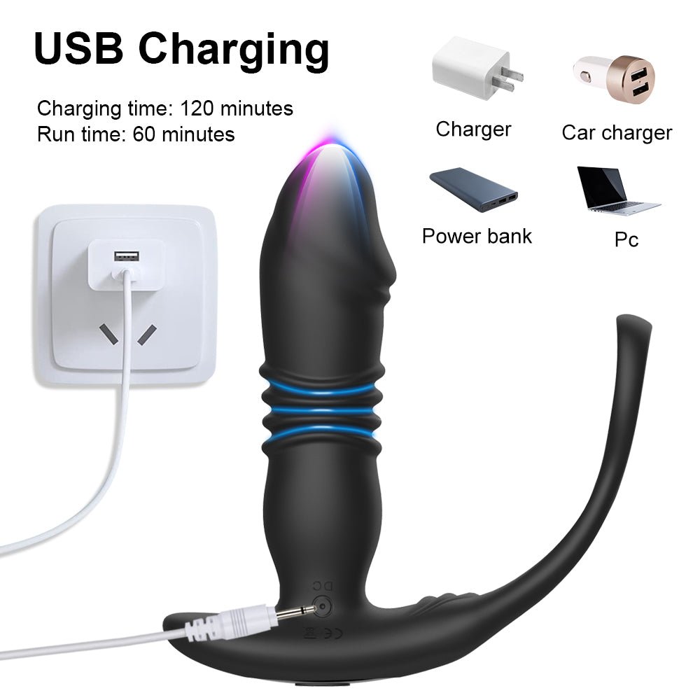 Thrusting Prostate Stimulator Massager Toy, Delay Ejaculation Lock Ring Anal Butt Plug Sex Toys Dildos for Men - Gawk 3000