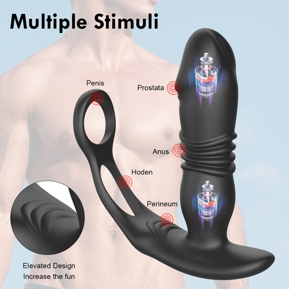 Thrusting Prostate Stimulator Massager Toy, Delay Ejaculation Lock Ring Anal Butt Plug Sex Toys Dildos for Men - Gawk 3000