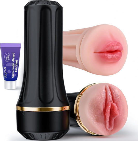EINSEO Male Masturbator with Dual Sleeves - 7.5in Pocket Pussy & Mouth Textured Soft Fleshy TPE Channel Sex Toys for Men, Adjustable Suction Male Manual Stroker, Penis Training Adult Toys, Easy-Clean