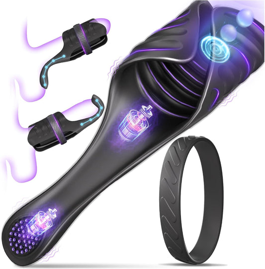 Tapping Vibrating Male Masturbator with Bend-to-Fit Testicle Vibrator, Hands Free Penis Vibrator Stroker Trainer with Cock Ring, Adult Sex Toys for Men, Mens Vibrating Blowjob Sex Machine Masturbation