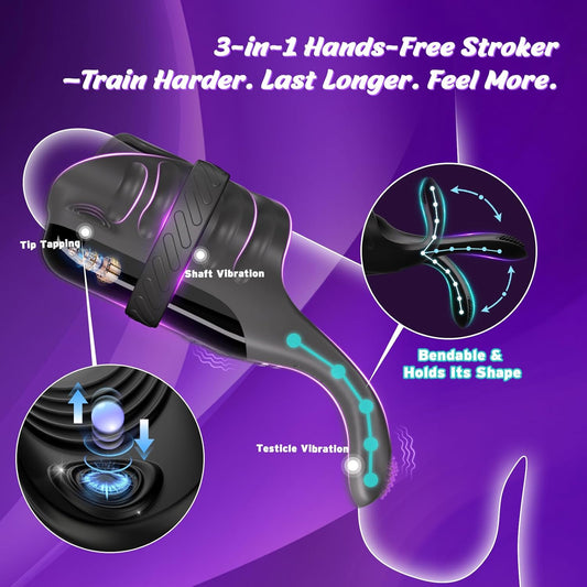 Tapping Vibrating Male Masturbator with Bend-to-Fit Testicle Vibrator, Hands Free Penis Vibrator Stroker Trainer with Cock Ring, Adult Sex Toys for Men, Mens Vibrating Blowjob Sex Machine Masturbation