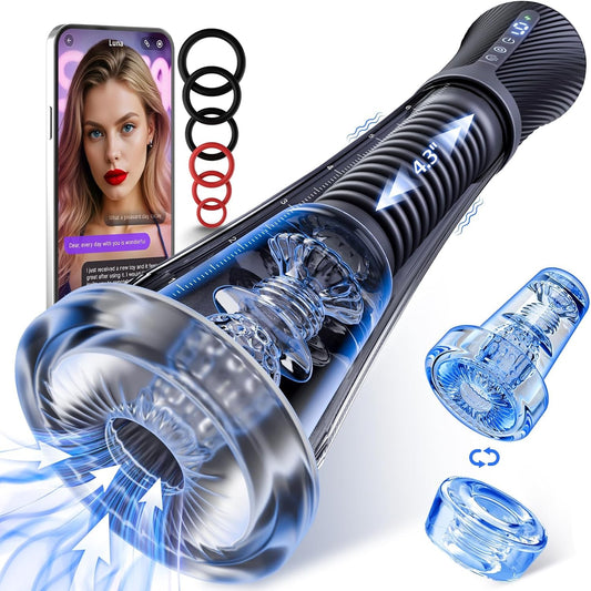 Male Masturbator Penis Pump - Transparent Visual Male Sex Toys for Men, APP Control Vibrating Spring & Power Suction with 2 Replaceable Sleeves & 6 Penis Rings for Masturbation Glans Trainer